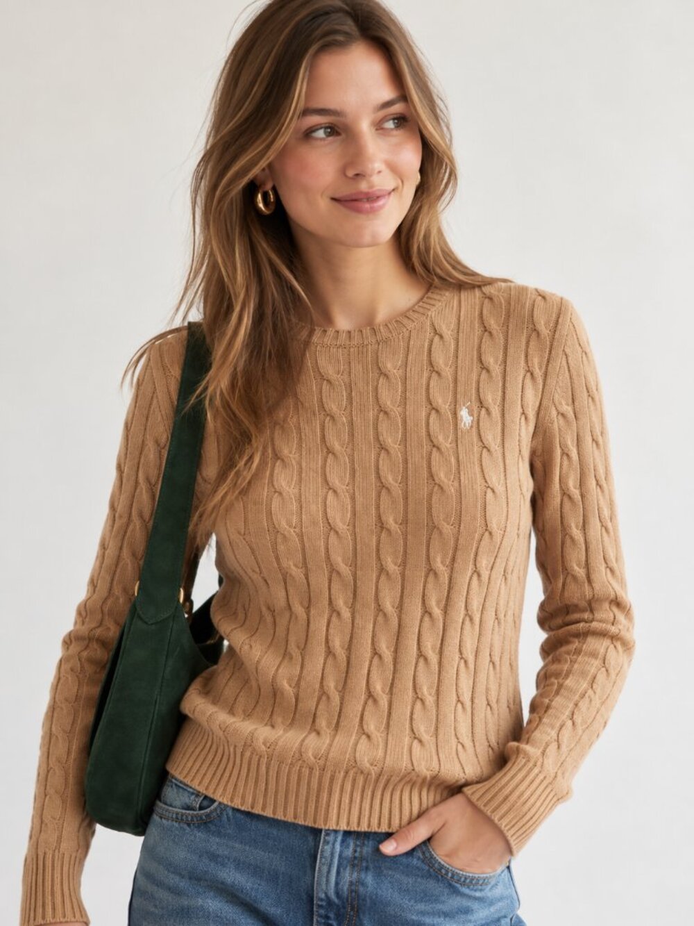 Polo Ralph Lauren Cable Knit Cotton Sweater Camel Tan Logo Small